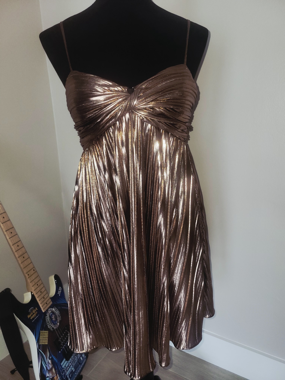 City Studio Metallic Bronze Pleated Mini Dress